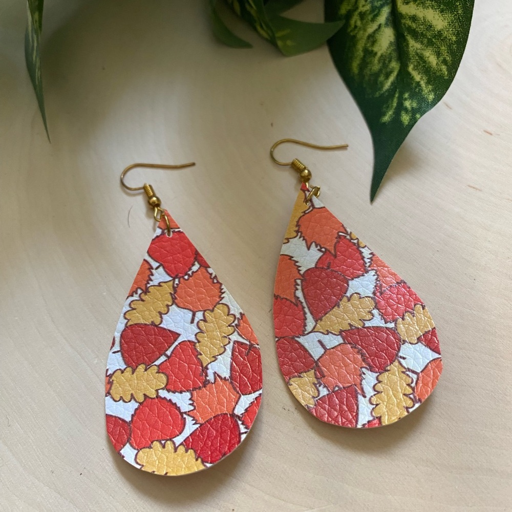 Fall Leave Teardrop Faux Leather Womens Dangle Earrings